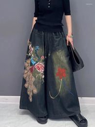 Women's Jeans Ethnic Style 2023 Autumn Korean Fashion Embroidered Denim Wide Leg Pants Versatile Straight Oversized Drawstring