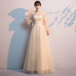 Ethnic Clothing O-neck Perspective Qipao Women Mesh Patchwork Cheongsam Champagne Evening Party Dress Gown Sexy Pleated Maxi Big Size