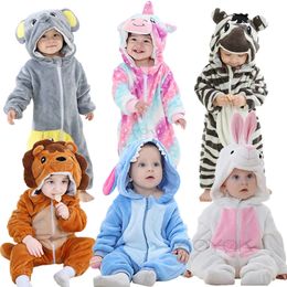 Rompers Winter born Baby Boys Girls Flannel Romper Hooded Animal Unicorn Carnival Costume Jumpsuit Warm Cute Outfit Boy Clothes 231212