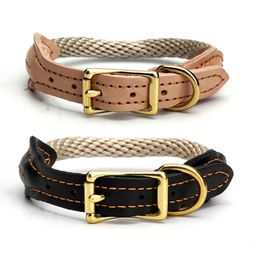 Dog Training Obedience Real Leather Collar Hemp rope pet Collars Copper buckle Neck for small Medium Large big Dogs adjustable 231212