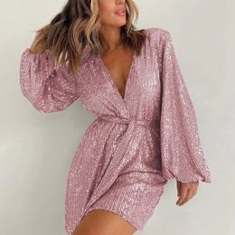 Urban Sexy Dresses Female V Neck Shiny Sequin Party Rompers Fashion V Neck Long Sleeve Short Jumpsuits Elegant High Waist Lace-up Commute Jumpsuits 231213