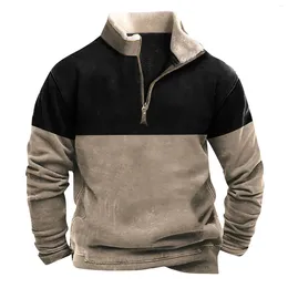 Men's Hoodies Fashion Sweatshirt Half Zip Plush Warm Sports Top Vintage Contrast Color Patchwork Long Sleeve Daily Versatile Men