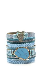 Light Yellow Gold Color Irregular Shape Blue Turquoises Stone Connect Leather Bracelet For Women Jewelry Link Chain7103564