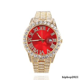 Full Diamond Iced Out Watch New Fashion Hip Hop Red Green Blue Face Large Dial Mens WristWatch Calendar Quartz Womens Watch Gift3035