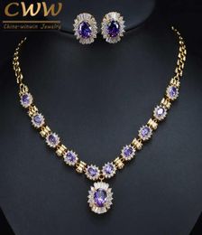 Brilliant Round Dangle Drop Purple Crystal Bridal Necklace And Earring Set Dubai Gold Colour Wedding Jewellery T275 2107145605553