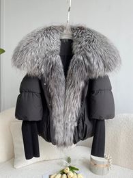 Women's Down Parkas Janveny Large Real Silver Fox Fur Collar White Duck Down Jacket Women Winter Luxury Puffer Coat Oversize Feather Outwear 231212