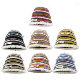 Berets Handmade Knit Stripe Beanie Hat For Woman Weaving Striped Plush Floppy Bucket Adult Teens Winter Fisherman Cap