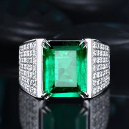 New Arrival Luxury Jewellery Big Emerald Gemstones 925 Sterling Silver Male Jewellery Pave Cubic Zircon CZ Diamond Wedding Band Ring f251S