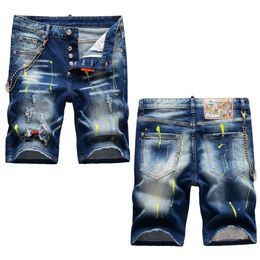 Men's summer nickel shorts painted with punctured patch pants chain embellished with stretch jeans