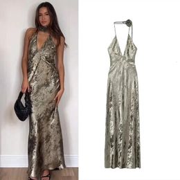 Urban Sexy Dresses TRAF Floral Foil Halter Long Dres Deep V neck Bow Slim Fashion Ladies Party Club 2024 Backless Robe 231213