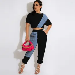 Women's Two Piece Pants WUHE Workout Jean Patchwork Women Set Outfits Sweatsuit 2023 Summer Tee And Jogger Matching Casual Tracksuit