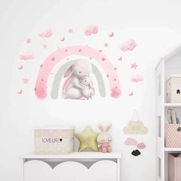 1pc Cute Pink Rainbow Bunny Wall Sticker for Kids Room Bedroom Nursery Home Decoration Wall Decor