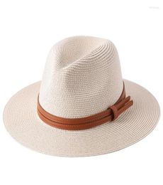 Wide Brim Hats Spring Summer Foldable Straw Hat Women Elegant Leather Belt Visor Panama Cap Female Jazz Simple Outdoor Sun Beach T9991383