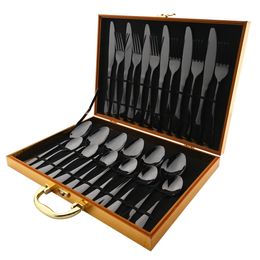 Dinnerware Sets Tableware Black Cutlery Set 24Pcs Stainless Steel Fork Knife Spoon Kitchen Flatware Silverware Gift Box 231213