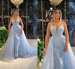 Dubai Arabic Light Sky Blue Prom Dresses With Detachable Train Sexy Spaghetti Straps Embroidery Lace Formal Occasion Party Gowns Long Mermaid Evening Dress CL3047