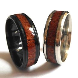 25pcs Silver Black Retro Wood Stainless Steel band Rings Men Women Fashion Finger Rings Whole stainless steel Jewellery Lots257M