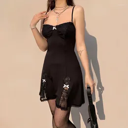 Casual Dresses Black Gothic Lolita Style Mini A-line Dress For Women Lace Trim Sleeveless V Neck With Bow Y2K Aesthetic Grunge Clothes