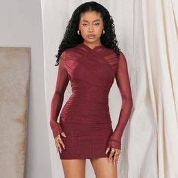 Casual Dresses Sexy Sheer Mesh Patchwork Mini Dress For Women Elegant Wrap Long Sleeve Ruched Bpdycon Night Club Party Autumn Robe