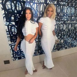 Work Dresses Striped Knitted Two Piece Dress Set Women Stretch Off Shoulder Long Sleeve Drawstring Crop Tops Maxi Skirts Matching Streetwear