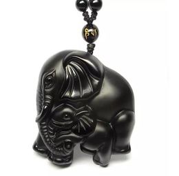 2019 Year natural Obsidian stone Hand carved Elephant good luck charm pendant2684722