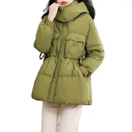 Women's Trench Coats 2023 Korean Down Cotton Jacket For Women Winter Medium Length Small White Duck Waist Slim And Thick Hooded