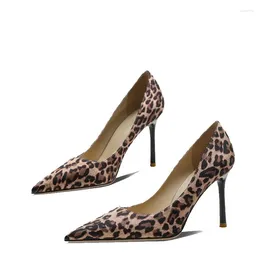 Dress Shoes FHANCHU 2023 Women Pumps Flock High Heels Leopard For Office Lady Shallow Out Slip On Pointed Toe Big Size Dropship