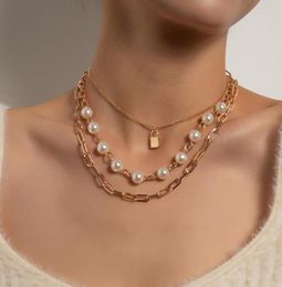 Pendant Necklaces Fashion Elegant Imitation Pearl Lock Necklace for Women Vintage Punk Thick Chain Clavicle Colar Jewellery Gift1699099