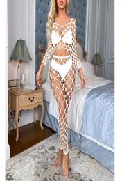 Bras Sets Sexy Womens Hollow Out SeeThrough Fishnet Lingerie Set Soft Nightwear Bikini Cover Ups Scoop Neck Long Sleeve Crop Top 1490578