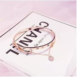 Whole- Rose Gold Stainless Steel Bracelets Bangles Female Heart Forever Love Brand Charm Bracelet for Women Famous Jewelry282F