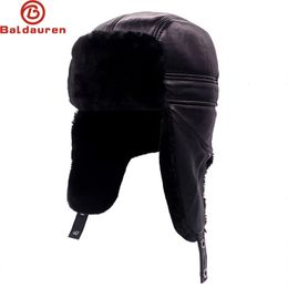 Trapper Hats Russia Adult Caps Men 100% Natural Real Sheepskin Leather Bomber Male Casual Winter Warm Cap 231213