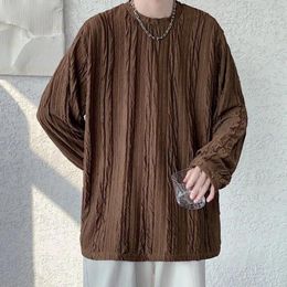 Men's T Shirts Autumn Spring Brown Texture Pleated Long-sleeved T-shirt Fashion Loose Casual High Street T-shirts Bottoming Male Clothes