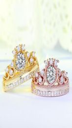 Christmas Gift Luxury Jewelry 925 Sterling SilverRose Gold Fill Round Cut White Topaz CZ Diamond Party Women Wedding Crown Band R9084918