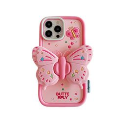 Lovely 3D Butterfly Folding Stand Bracket Phone Case For iPhone 13 15 Pro Max 14 11 12 Soft Silicone Shockproof Back Cover Funda 100pc