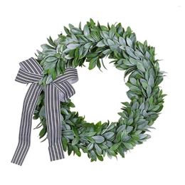 Decorative Flowers Garland Decoration Realistic Green Leaf Wreath With Bownot Ribbon For Home Holiday Faux Front Door Window