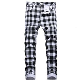 Men's Jeans Black and White Plaid Printed Fashion Cheque Digital Print Slim Straight Pants Stretch Trousers 231213