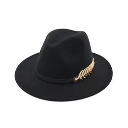 Fedora Hat Men For Woman Woollen Top British Style Gold Leaf Feather Jazz Goth Hats Designer Wedding Wide Brim335w