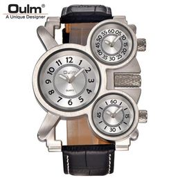 Wristwatches OULM Mens Vintage Steampunk Punk Leather Band Watches 3 Time Zone Japan Movement Rock & Roll Style Casual Quartz Mont233F