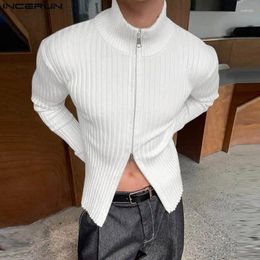 Men's T Shirts INCERUN 2023 Men Solid Knitted Turtleneck Long Sleeve Zipper Casual Clothing Autumn Fashion Leisure Tee Tops S-5XL