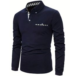 Men's Polos Autumn Fashion Men's Long Sleeve Solid Colour Classic Polo Shirt Casual Business Patchwork Plaid Collared Shirts for Men 231212