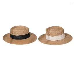 Berets Women Men Summer Woven Straw For Sun Hat Flat Wide Brim Ribbon Bohemian Outdoor Sunscreen Adjustable Panama Boater Beach