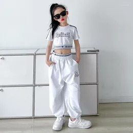 Stage Wear Girls Jazz Dance Clothes White Crop Tops Sweatpants Short Sleeves Hip Hop Performance Outfits Kids Practise Clothing BL10823