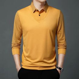Men's Polos Spring and Autumn Men's Pullover Button Stripe Solid Color Combination Fake Two Piece Long Sleeve Tee T-shirt Polo Casual Tops 231212