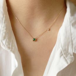 925 Sterling Silver Square Green Zircon Clavicle Charm Pendant Necklace for Women Wedding 14k Gold Plated Jewelry Gift