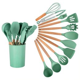 Cooking Utensils 1112PCS Silicone Kitchenware NonStick Cookware Kitchen Set Spatula Shovel Egg Beaters Wooden Handle Tool 231213