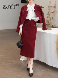 Work Dresses ZJYT Elegant Autumn Winter Tweed Woolen Jacket And Skirt Suit 2 Piece For Women Dress Sets Party Outfit Conjuntos Para Mujeres