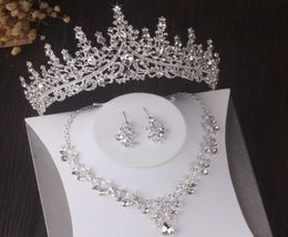 Luxury Silver Colour Crystal Leaves Bridal Sets Baroque Tiaras Crowns Earrings Choker Necklace Wedding Dubai Jewellery Set6891642