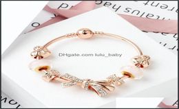 Beaded Strands Bracelets Fashion Rose Gold Shining Bow Bracelet 18Cm 19Cm 20Cm Love Charm Glass Bead Jewelry Wholesale Drop Delivery4799030