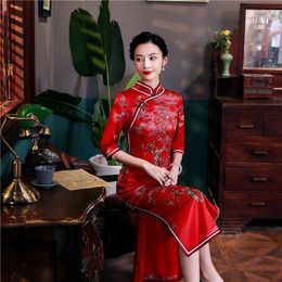 Ethnic Clothing Vintage Satin Qipao Chinese Dress Autumn Fashion Elegant Cheongsam Women's Large Size 4XL Sexy Slim Fit Party Prom Vestidos