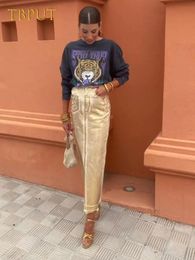 Ethnic Clothing Metallic Gold Color High Waist Skirt Women Sexy Loose Back Split Straight Female Autumn Casual Office Lady Streetwear 231213