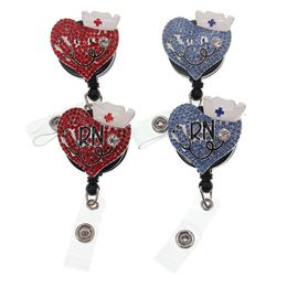 10PCS Lot Key Rings Retractable Nurse Accessories Medical Enamel Rhinestone Crystal Love Heart RN Shape ID Badge Reel Holder With 3446